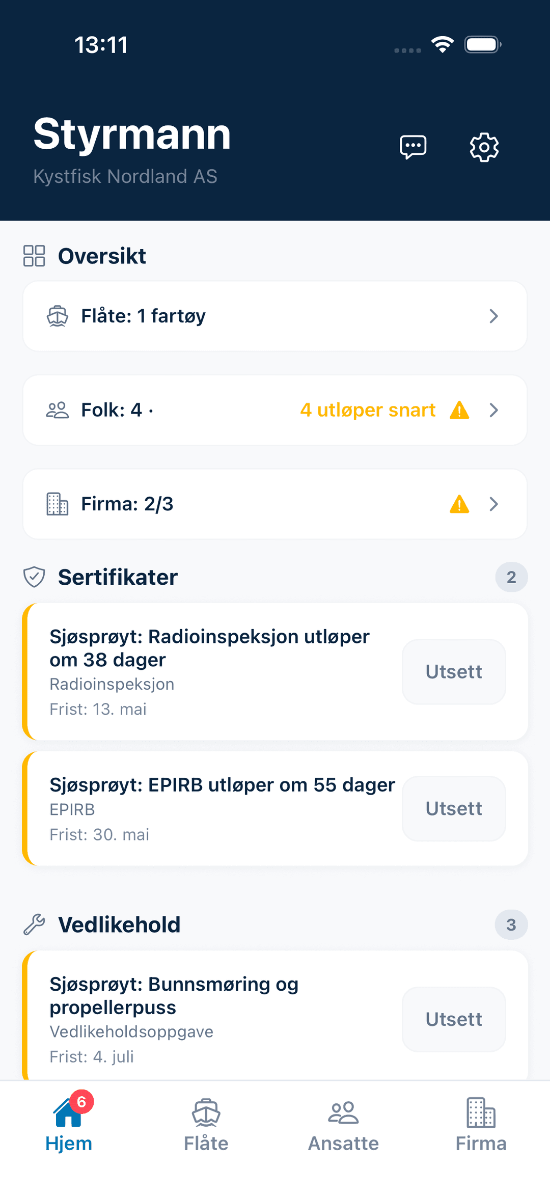 Styrmann-appen viser sertifikater og varsler