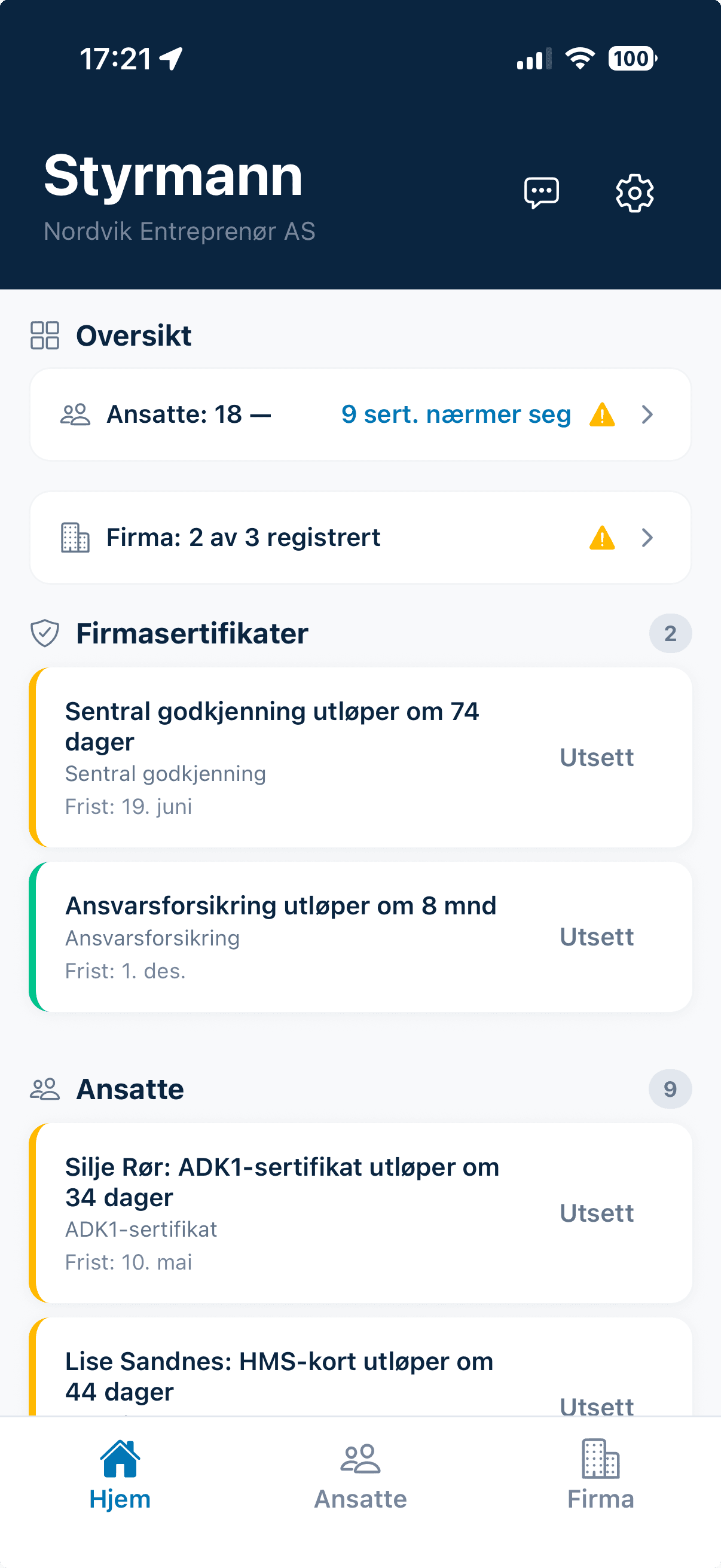 Styrmann app — sertifikatoversikt for 18 ansatte