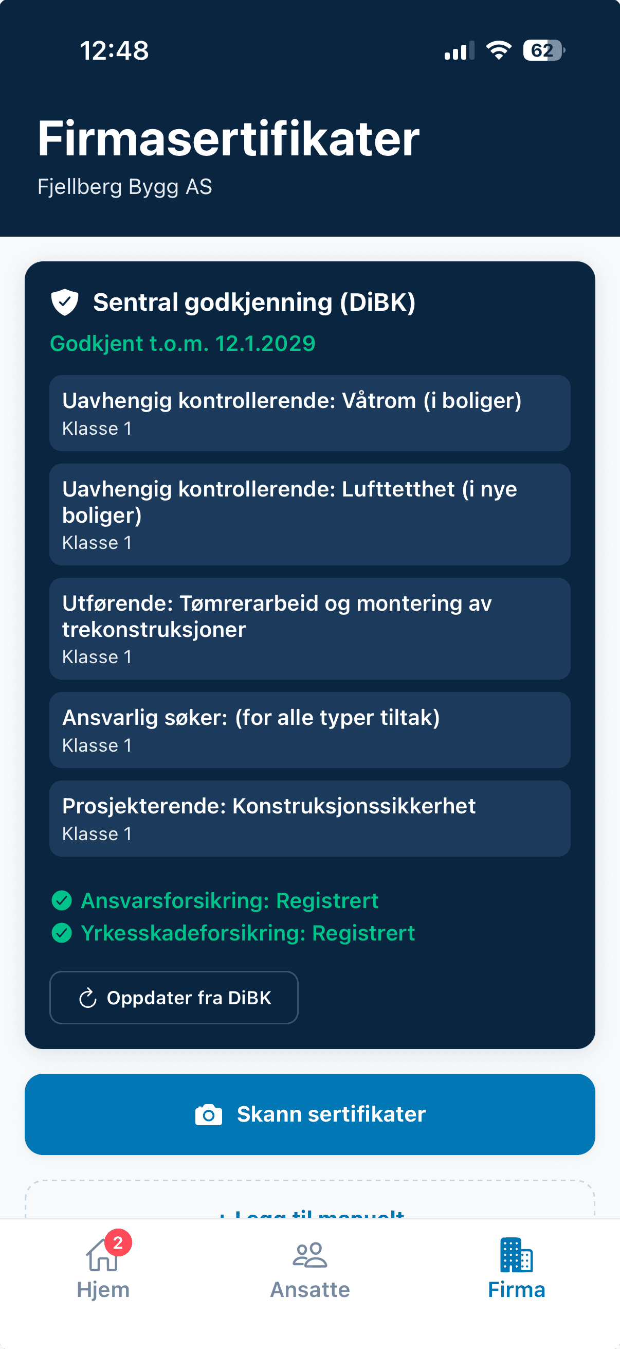 Bygg — DiBK sertifikatstatus