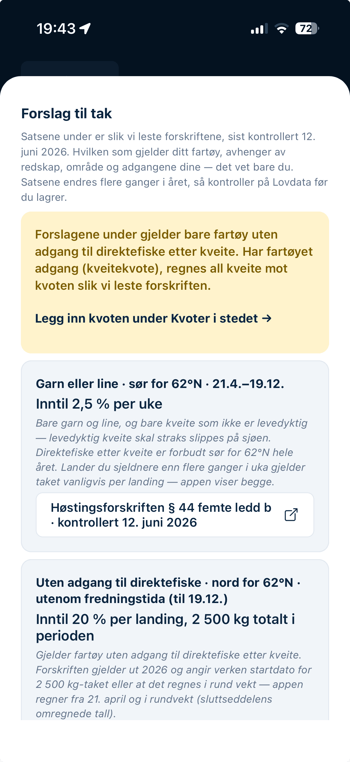 Forslag til tak fra forskriftene, justerbart per art