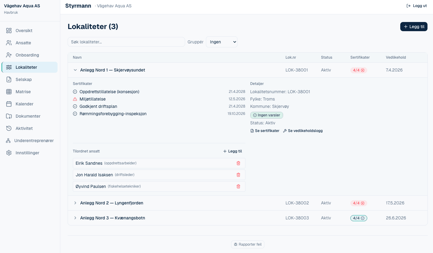 Havbruk-dashboard: lokalitet-oversikt med sertifikater og tilordnede ansatte