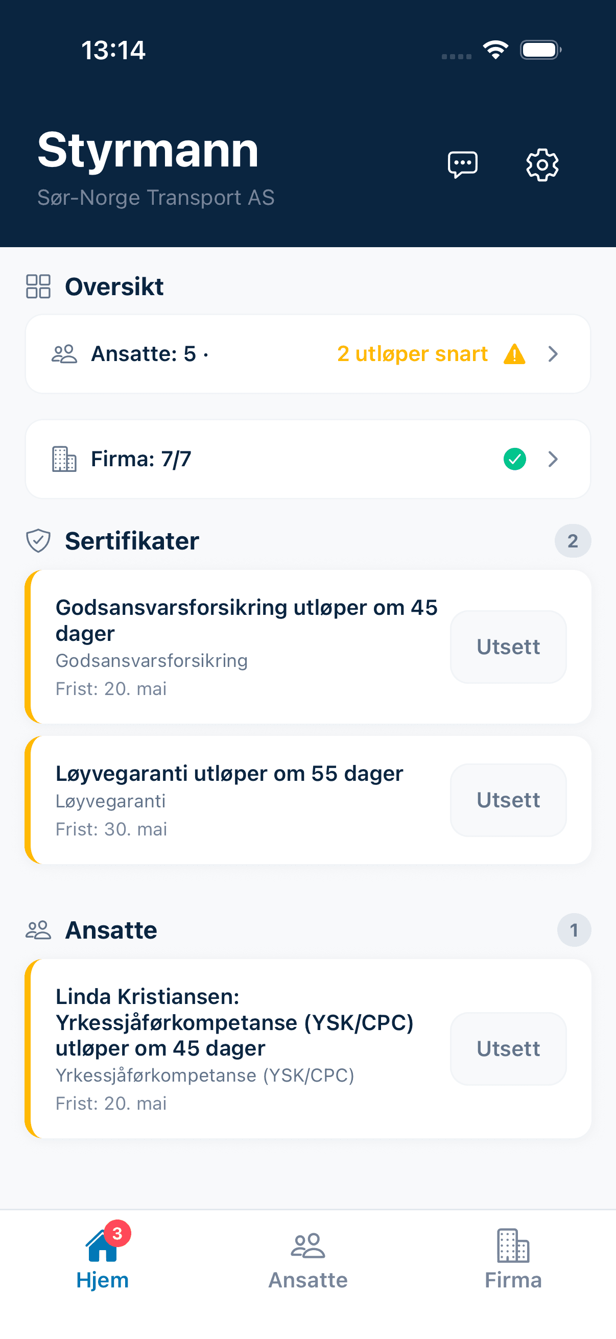 Transport — hjemskjerm med varsler