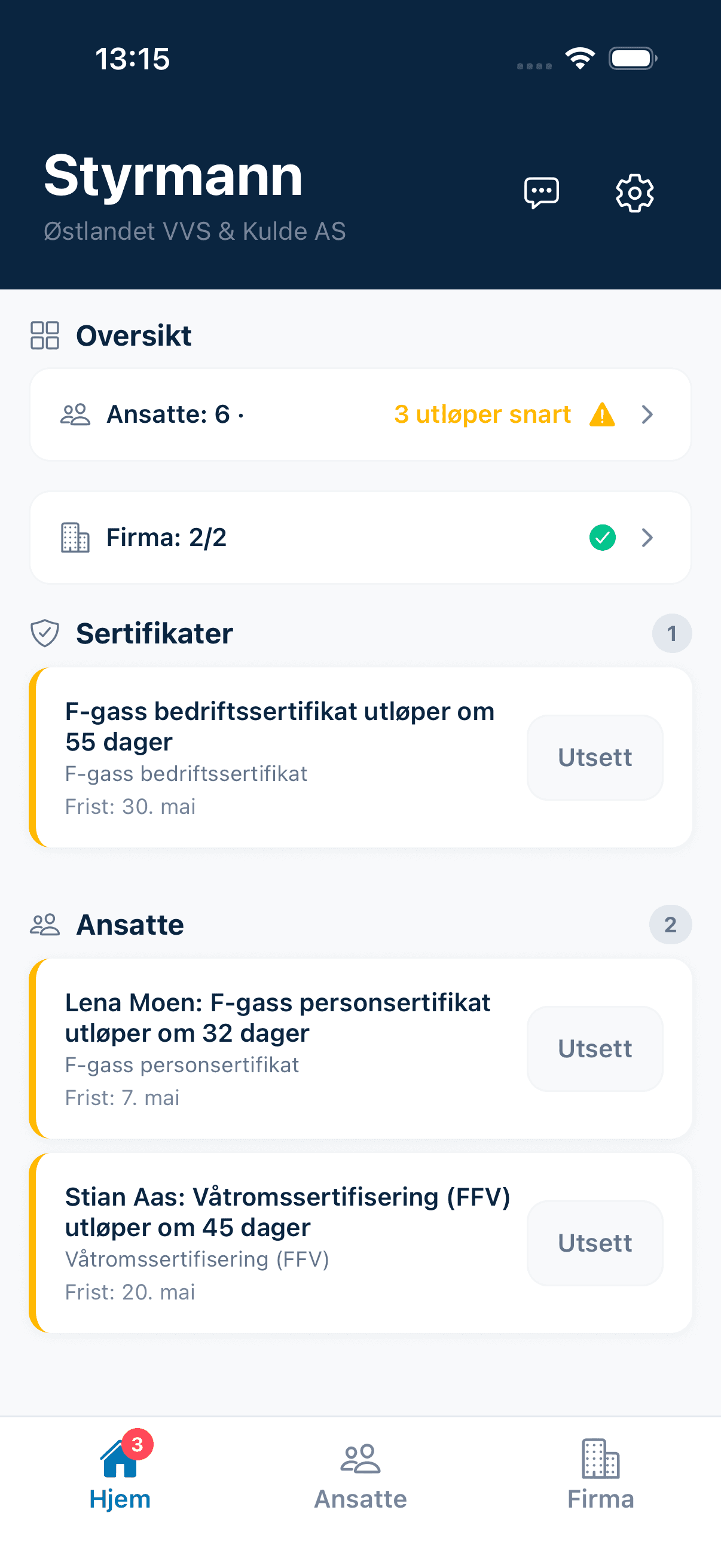 VVS — hjemskjerm med varsler