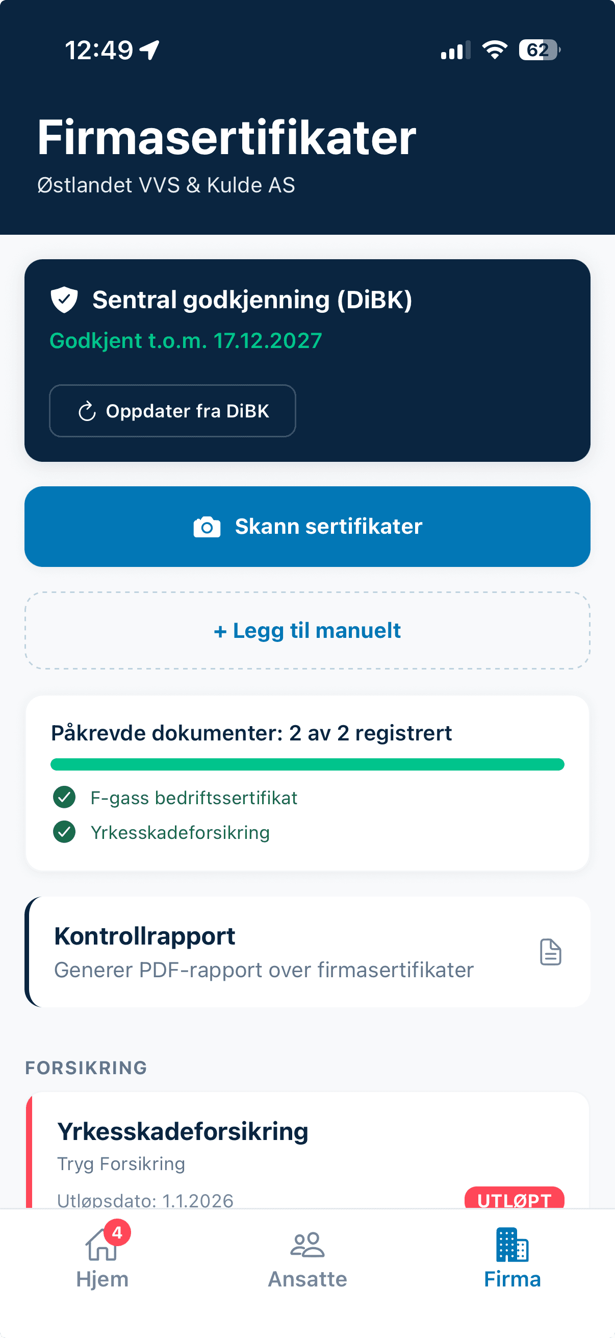 VVS — DiBK sertifikatstatus