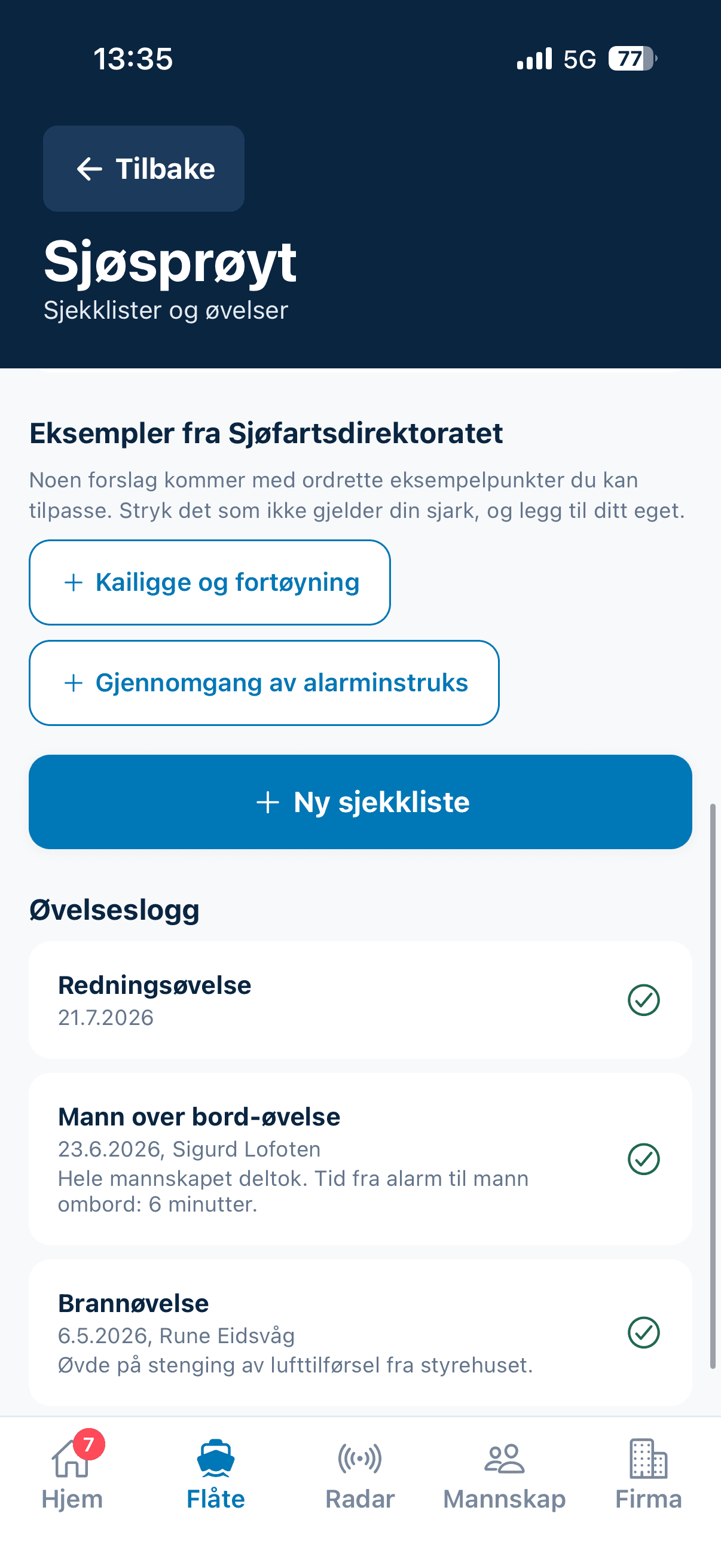 Sjekklister og øvelser med eksempelforslag fra Sjøfartsdirektoratet, og øvelsesloggen under med dato, hvem og notat