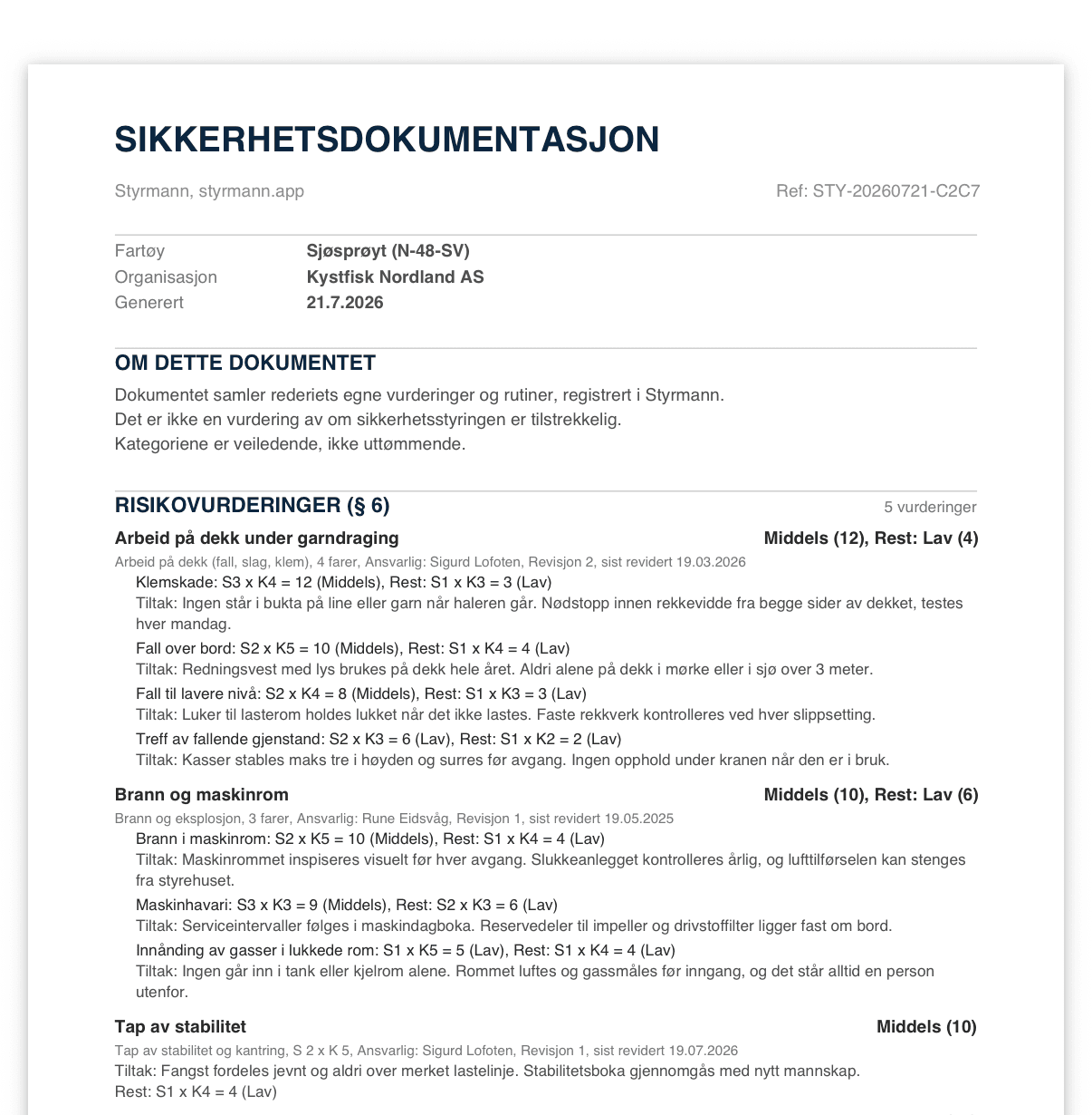 Sikkerhetsdokumentasjon som PDF med referansenummer, fartøy og dato